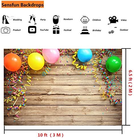Sensfun 10x6.5ft Vinyl Wood Photo Booth Backdrops Colorful Carnival Balloons Streamers on Rustic Wood Photography Background for Baby Shower Children Newborn Birthday Party Photo Studio Props(WP045) - Image 3
