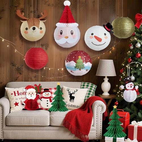 Christmas Hanging Paper Lanterns and Honeycomb Set, 11 PCS Santa Snowman Reindeer Theme Lanterns and Paper Christmas Tree Honeycombs, Holiday Ceiling Party Decorations for Home, Classroom - Image 5