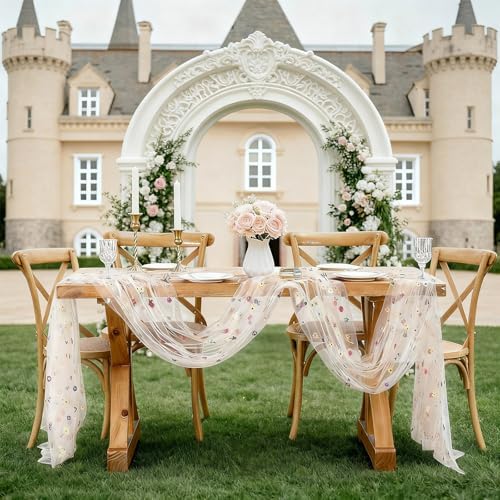 JIALE Champagne Floral Table Runner, Embroidery Daisy Seasonal Table Decorations, 120Inch 10FT 1PC Gold Tulle Fabric for Home Decor, Bridal Shower Wedding, Baby Shower Parties, DIY Craft - Image 4