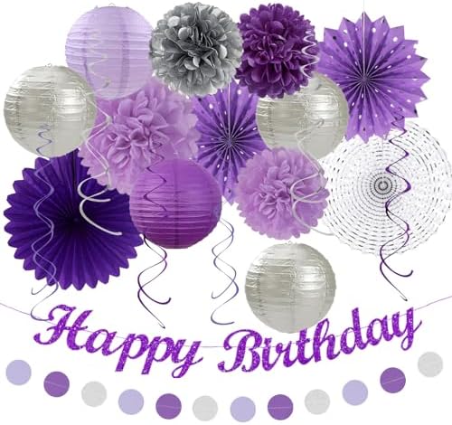 Purple Lilac-Lavender Silver Women Birthday Party-Decorations - 21pc Happy Banner,Paper Lanterns Streamers,Tissue Pom Poms Honeycomb Flower Fan, Girls Hanging Decor Supplies Garland Backdrop Huglony by Huglony