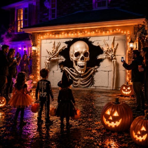 6 x 13 FT Giant Skull Halloween Garage Door Decorations Skeleton Garage Door Cover Hanging Banner,Horror Skull Backdrop Mural for Home,Outdoor,Indoor,Spooky Party,71 x 157 Inch - Image 2
