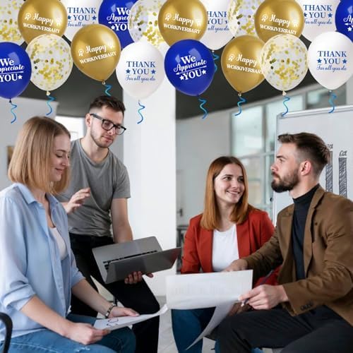 40pcs Happy Work Anniversary Decorations Balloons Blue Gold Happy Workiversary Thank You We Appreciate You Balloons Work Anniversary Decorations for Office Employee Appreciation Gifts for Worker - Image 7