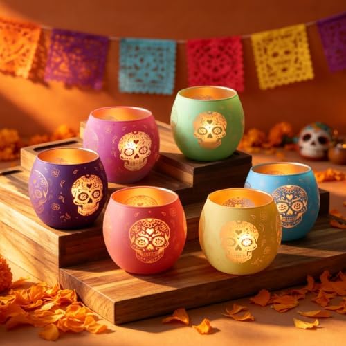Day of Dead Skull Glass Votive Candle Holders for Indoor Halloween Decor - Image 3