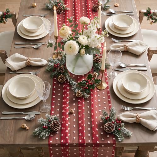 Artoid Mode Red Gauze White Flocking Dots Table Runner 10FT, Christmas Sheer Dining Table Decor for Wedding Anniversary Holiday Birthday Home Party - Image 6