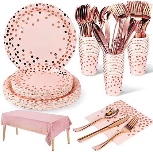 Nkaiso 141Pcs Pink Rose Gold Paper Plates and Napkins Party Supplies for20 by Nkaiso