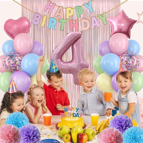 Pastel 4th Birthday Colorful Party Decorations Girls Pink Number 4 Balloon - Image 4