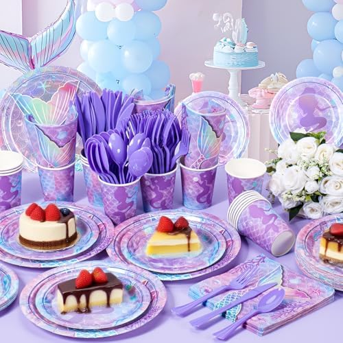 168PCS Mermaid Party Supplies, Purple Mermaid Tableware Party Plates Set - Image 5