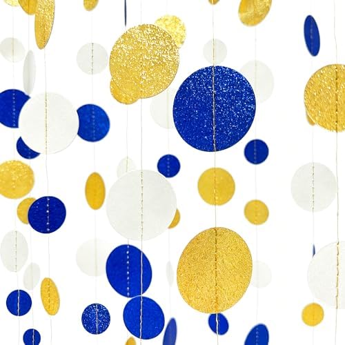 Royal Blue Gold White Party Polka Dot Garland Dark Blue Glitter Gold White Hanging Paper Circle Dots Streamer for Birthday Graduation Wedding Shower Retirement Nautical Party Decorations Supplies by pinkblume