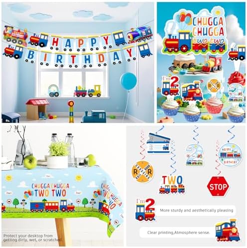 202Pcs Chugga Chugga Two Two Party Decorations Serves 25 Guests, 2nd Birthday Decorations for Boys Include Banner, Plates, Tablecloth, Balloons, Cake Topper, Cupcake Toppers, Train Birthday - Image 6