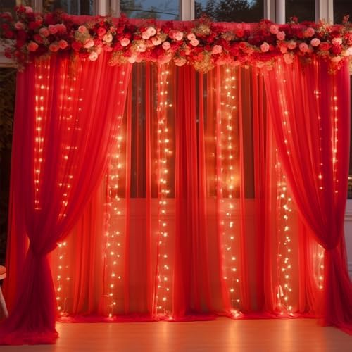 10ft x 10ft Red Backdrop Curtain with Lights String for Parties, Sheer Tulle Wedding Photo Backdrops Drapes for Baby Shower Birthday Party Decorations Background for Photography - Image 2