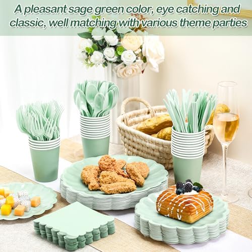 Newtay 350 Pcs Light Green Scalloped Paper Plates Shell Edge Disposable Tableware Cocktail Napkins Cups Plastic Spoons Forks Knives for Wedding Baby Shower Picnic Birthday Party Supply for 50 Guests - Image 5