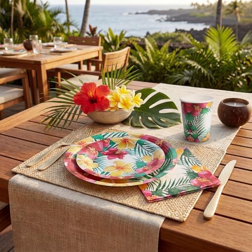 80 PCS Floral Paper Plates, Hawaiian Floral Paper Plates and Napkins Party Supplies for Hawaiian Party Birthday Summer, Serve for 20 Guests - Image 4