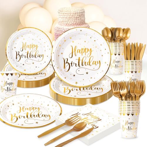 White and Gold Happy Birthday Party Plates, 168PCS Birthday Party Supplies - Image 6