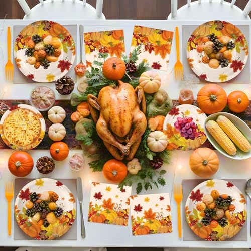 100 Pcs Thanksgiving Plates and Napkins Sets - Fall Pumpkin Maple Leaf Round Tableware, Disposable Thanksgiving Paper Plates and Napkins Forks for Thanks giving Party Supplies Table Decor, Serves 25 - Image 2