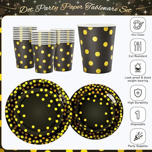Black and Gold Dots Party Plates,168PCS Birthday Tableware Party Supplies - Image 3