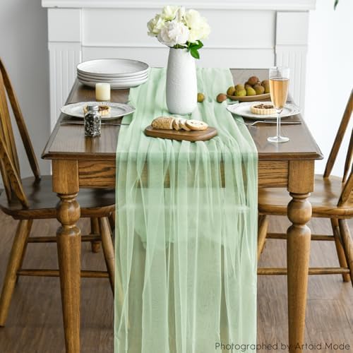 Artoid Mode Light Green Gauze Table Runner 120 Inch 10FT, Seasonal Sheer Kitchen Dining Holiday Wedding Birthday Baby Shower Table Decor for Home Party - Image 3