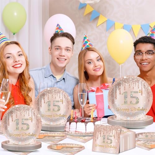 96Pcs 15th Birthday Party Plates and Napkins for 15 Year Old Birthday Party Supplies Rose Gold Paper Dessert Plates 15th Birthday Tableware Set for Girls Women 24 Guests Party Decorations - Image 6