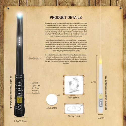 kakoya Flameless Floating Candles with Wand，30 Pcs Magic LED Hanging Taper Candles，Flickering Battery Operated Taper Candle with Wand Remote for Halloween Decorations Best Gift（White） - Image 4