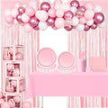287PCS Pink Party Decorations Set, Complete 25 Guests Disposable Tableware Kit with Plates Cups Napkins Cutlery, Tablecloths, Foil Curtains, Balloon Boxes & Mixed Size Balloon Arch Kit by Unknown