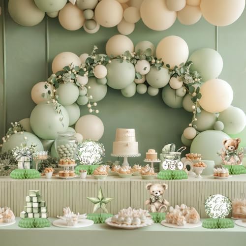 12 Pcs Sage Green Teddy Bear Baby Shower Decorations - We Can Bearly Wait Baby Shower Decorations - Neutral Bear Balloon Centerpieces for Tables - Sage Green Honeycomb Table Decor for Baby Shower - Image 7