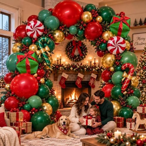 Green and Red Christmas Balloons Double Stuffed Pearl Dark Red Green Gold Balloon Garland Arch Kit Candy Cane Box Balloons for Happy Christmas Holiday New Year Birthday Party Decorations - Image 6