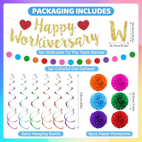 Happy Workiversary Party Decorations Colorful Glittery Work Anniversary Banner Hanging Swirls Paper Pompoms Circle Dots Garland for Men Women Office Employee Worker Appreciation Party Supplies - Image 7