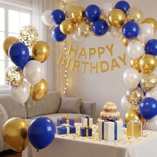 Hiquaty Blue and Gold Balloons,50pcs 12 Inch Royal Blue and White Balloons - Image 6