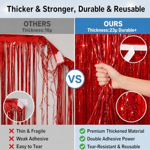 Red Foil Fringe Curtain Backdrop 3 Pack, 3.2 x 8.2 FT Party Decorations - Image 3