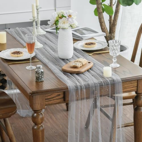 Artoid Mode Pearl Grey Gauze Table Runner 59x120 Inch , Seasonal Sheer Kitchen Dining Holiday Wedding Birthday Baby Shower Table Decor for Home Party - Image 2