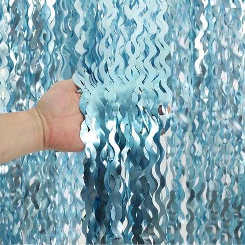 4 Pack Wavy Blue Foil Fringe Curtain 3.3x6.6 Feet | Blue Streamers Tinsel Backdrop for Under The Sea Party Decorations | Ocean Backdrop | Mermaid Birthday Decorations by KEEUH