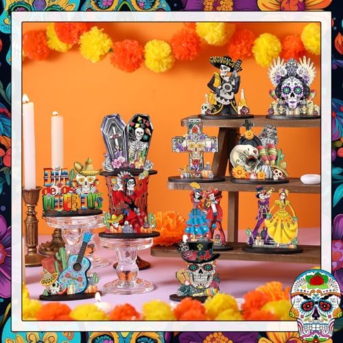 Wesiti 12 Pcs Dia De Los Muertos Table Decorations Wooden Sugar Skull Decor - Image 2