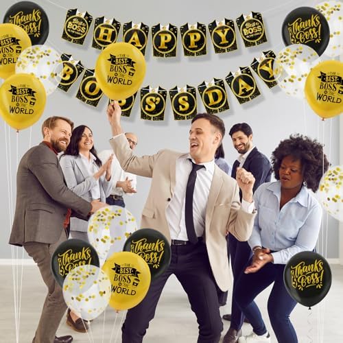 Konsait Happy Boss Decorations - Black & Gold Banner, Balloons & Office Decor Supplies for National Boss Day - Image 6
