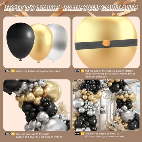 412Pcs Black Gold Silver Balloons Garland Arch Kit,18 12 10 5 Inch Different Size Latex Balloons for Graduation Birthday Wedding Party Decorations - Image 3