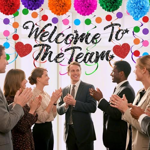 Welcome To The Team Party Decorations Black Glittery Welcome Signs Banner Hanging Swirls Colorful Paper Pompoms Circle Dots Garland for New Employee Coworker Teacher Colleague Staff Team Member Office Party - Image 5