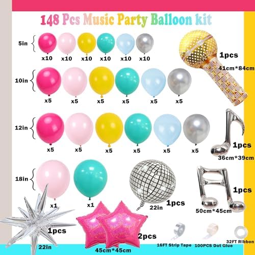 Music Fans Birthday Decoration,148 Pcs Balloon Arch Garland Kit with Microphone, Laser Star, Disco Mylar Balloon for music fans theme teenage girl Birthday Party Prom Decorations - Image 2