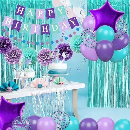 Mermaid Birthday Decorations Purple Teal Blue Party Balloons Happy Birthday Banner Dots Garland Purple Turquoise Green Fringe Curtain Pompom Swirls for Girl Women Baby Shower Party Decoration - Image 5