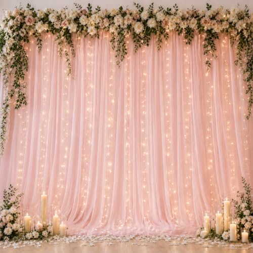 Ledido 10×8ft Pink Tulle Backdrop Curtains with Lights(2 Panels 5×8ft) by Ledido