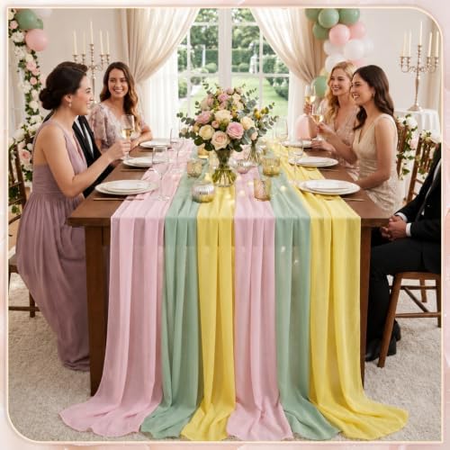 Boao 6 Pcs Pink and Sage Green Party Decorations Chiffon Table Runner - Image 6