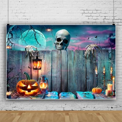Renaiss 7x5ft Halloween Backdrop Skeleton Pumpkin Lantern Wooden Spooky Night Party Photography Background Ghost Wood Wall Halloween Party Decor Banner Horror Skull Halloween Photo Booth Props - Image 3