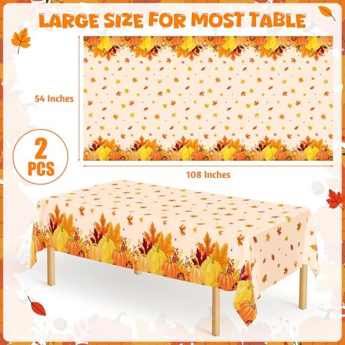 2 Pack Thanksgiving Table Cloth Plastic Leaves Pumpkin Fall Table Cover - Image 2