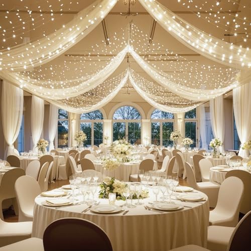 Ivory Ceiling Drapes with Lights String for Weddings, 6 Panels 5ftx10ft Sheer Tulle Backdrop Photo Background Drapes for Wedding Ceremony Birthday Party Arch Decoration by WishCare