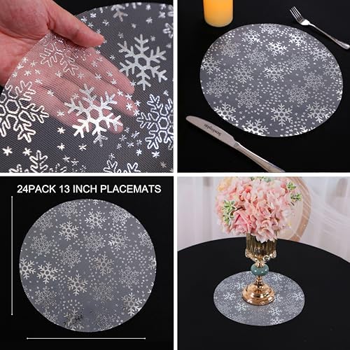Snowkingdom 24pcs Silver Snowflake Placemats White Round Disposable 13" - Image 3