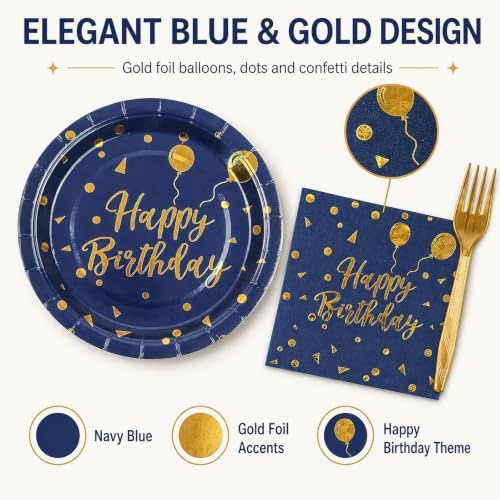 48PCS Happy Birthday Plates and Napkins Party Supplies, Blue and Gold Disposable Paper Plates and Napkins with Forks Tableware Set for Birthday Party Decorations 16 Guests - Image 3