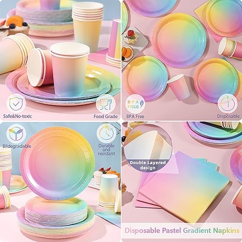 Rainbow Birthday Decorations for Girls, Pastel Rainbow Plates and Napkins 200Pcs, Girl Birthday Plates and Napkins, Easter Mother's Day Hawaiian Luau Colorful Pride Month, Serves 50 - Image 5