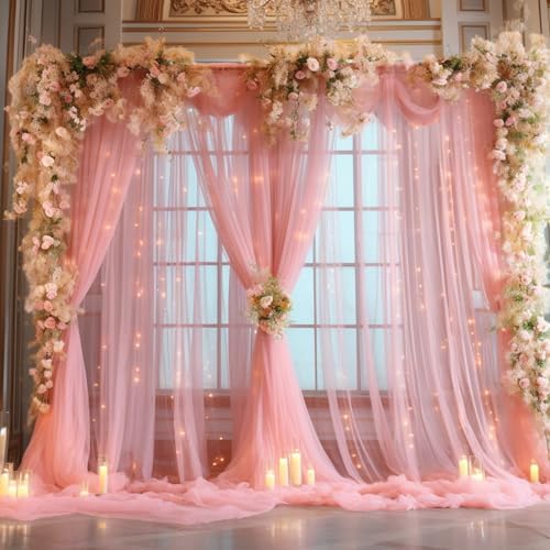 10x10ft Dusty Rose Tulle Backdrop Curtain with Lights String for Parites, Sheer Photo Backdrop Drapes with Lights for Wedding Backdrop Ceremony Reception Bridal Shower Baby Shower Birthday Party - Image 6
