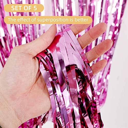5 Pack Pink Foil Curtain Backdrop 3.2ft x 9.8ft Metallic Tinsel Foil Fringe Curtains Streamer Photo Booth Backdrop for Birthday Party Engagement Bachelorette Party Decorations (Pink) - Image 2