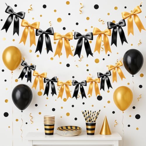 2 Strings of 16PCS Black&Gold Bow Garlands Banner Decoration,Pre-Strung Satin Ribbon Ornaments for Birthday,Bachelorette Party,Bridal Shower,Wedding,Engagement,Baby Shower,Graduation Decor,Anniversary by Unknown