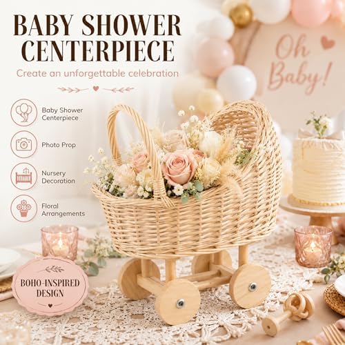 Wicker Baby Carriage for Baby Shower, Boho Centerpiece Decor, Handmade Rattan Flower Cart for Floral Arrangements & Photography Prop (13 Inch) - Image 4