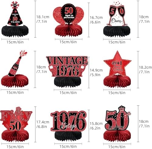 9Pcs 50th Birthday Decorations Red and Black 50th Birthday Party Decorations for Women,Happy 50 Years Vintage 1976 Aged Honeycomb Centerpieces Table Sign Decor Supplies - Image 2