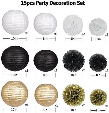 Paper Lanterns Paper Pom Poms Black and Gold Party Decorations 15pcs - Image 2